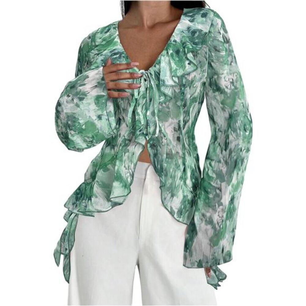 Women’s Floral Print Ruffle Blouse – V Neck Tie Front Long Bell Sleeve Top Green - Picture 5 of 5